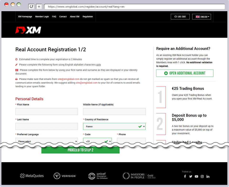 Real account application form