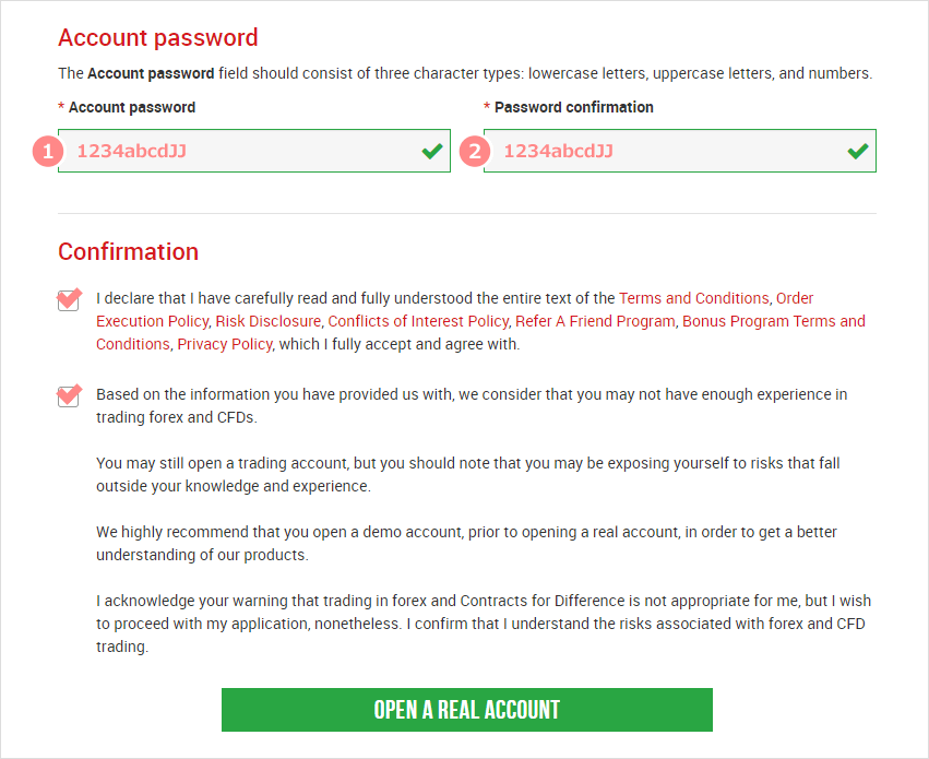 Register and confirm account password